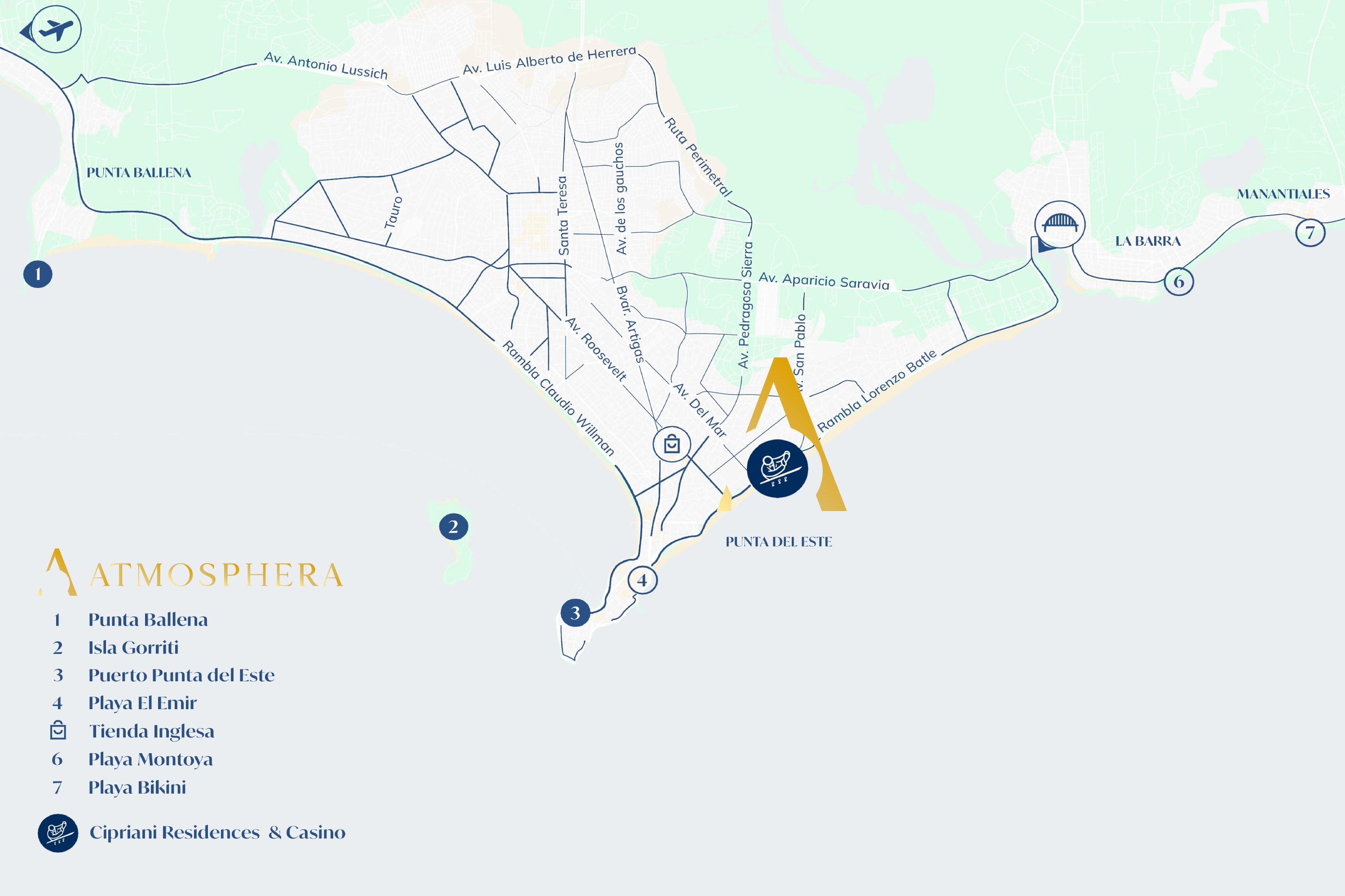 Mapa de Punta del Este con las ubicaciones de la marca