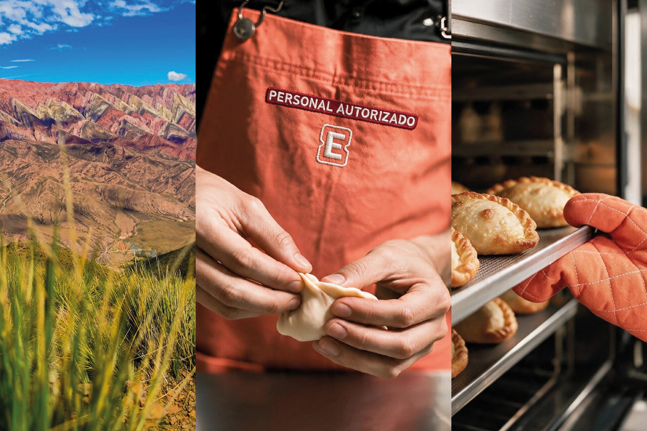 Paisaje del norte argentino y delantal de personal autorizado con empanadas