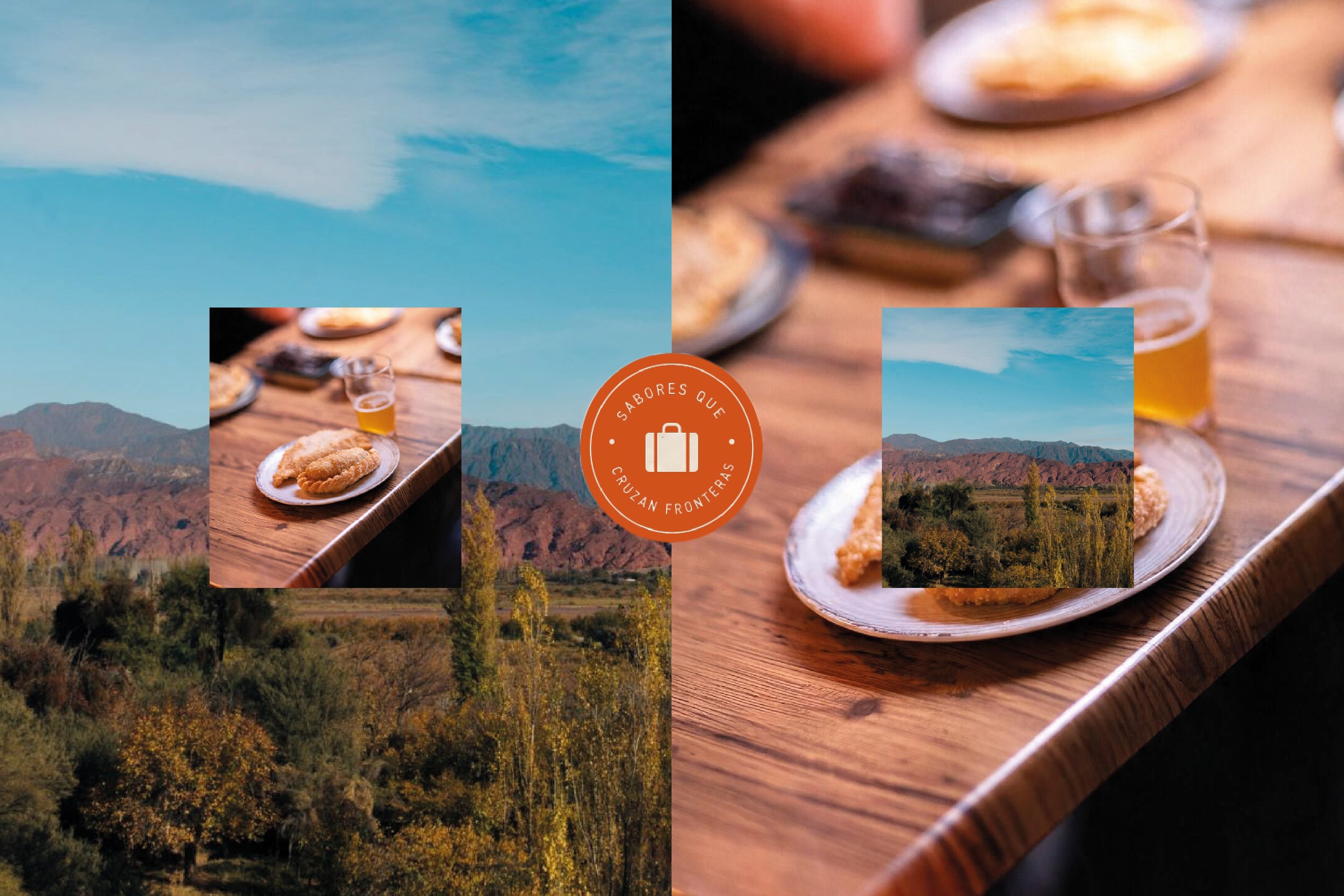Collage de paisaje y comida sobre una mesa de madera