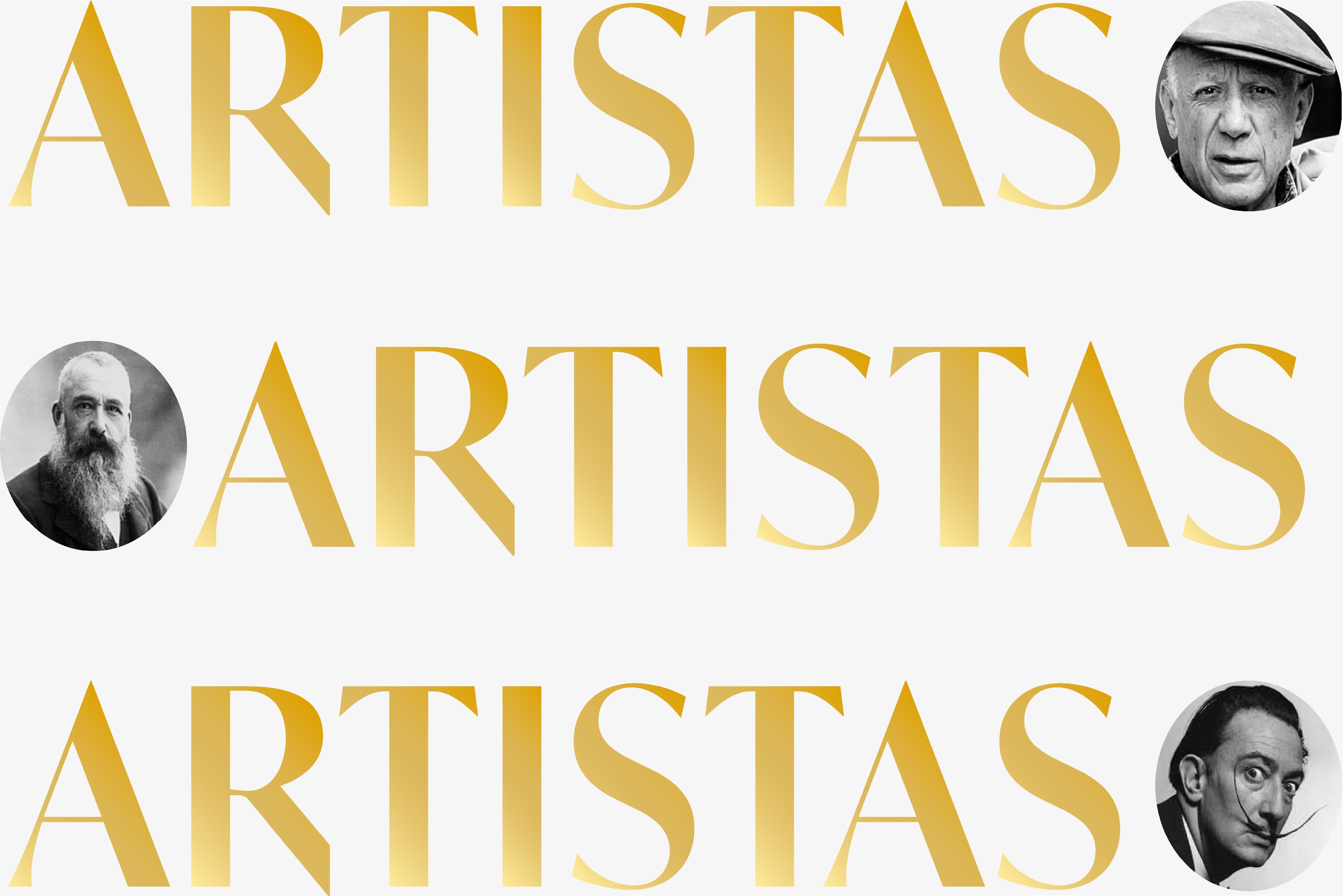 Composición tipográfica Artistas con retratos de Picasso, Monet y Dalí
