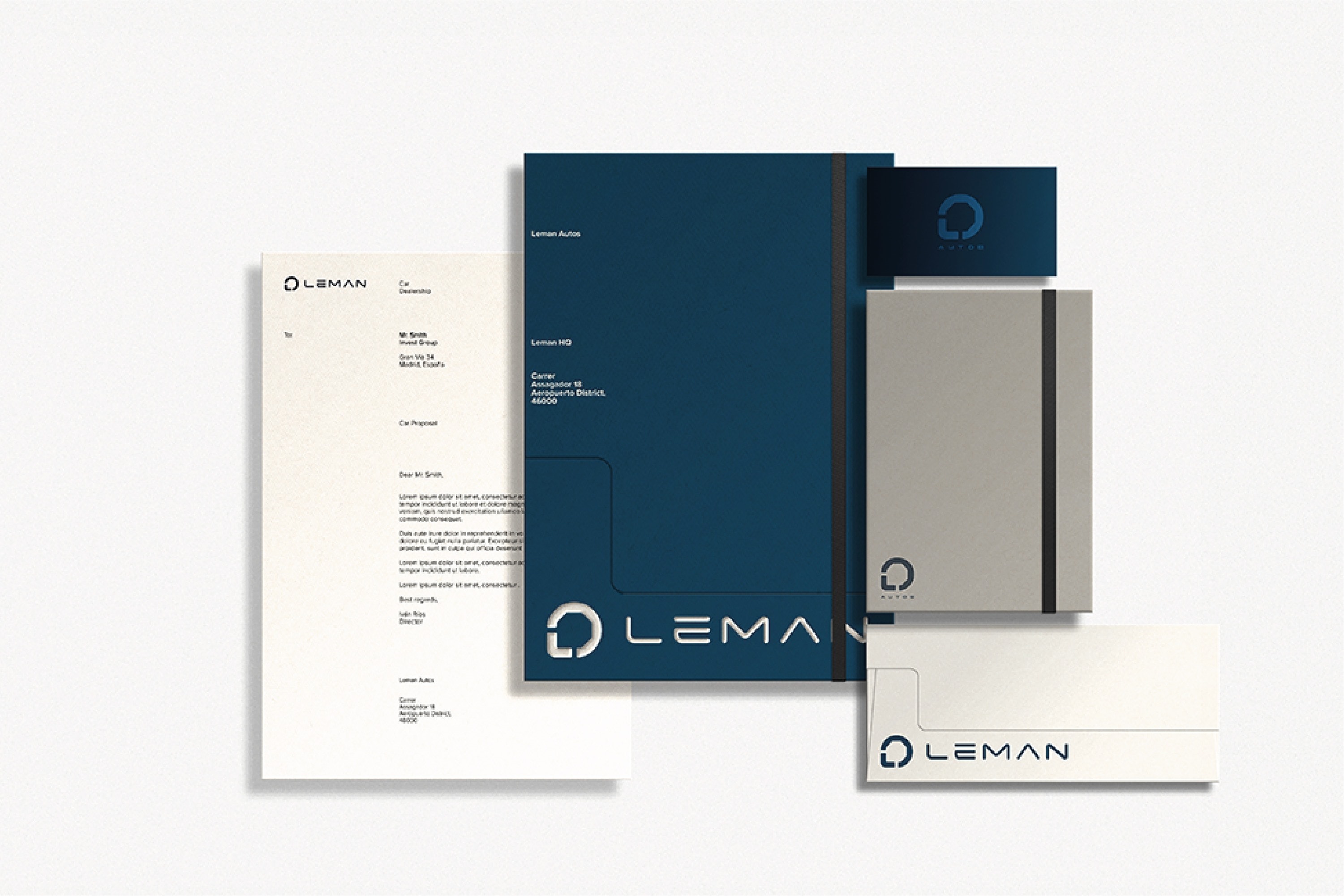 Papelería de Leman: carta, tarjetas y carpetas en azul, gris y crema