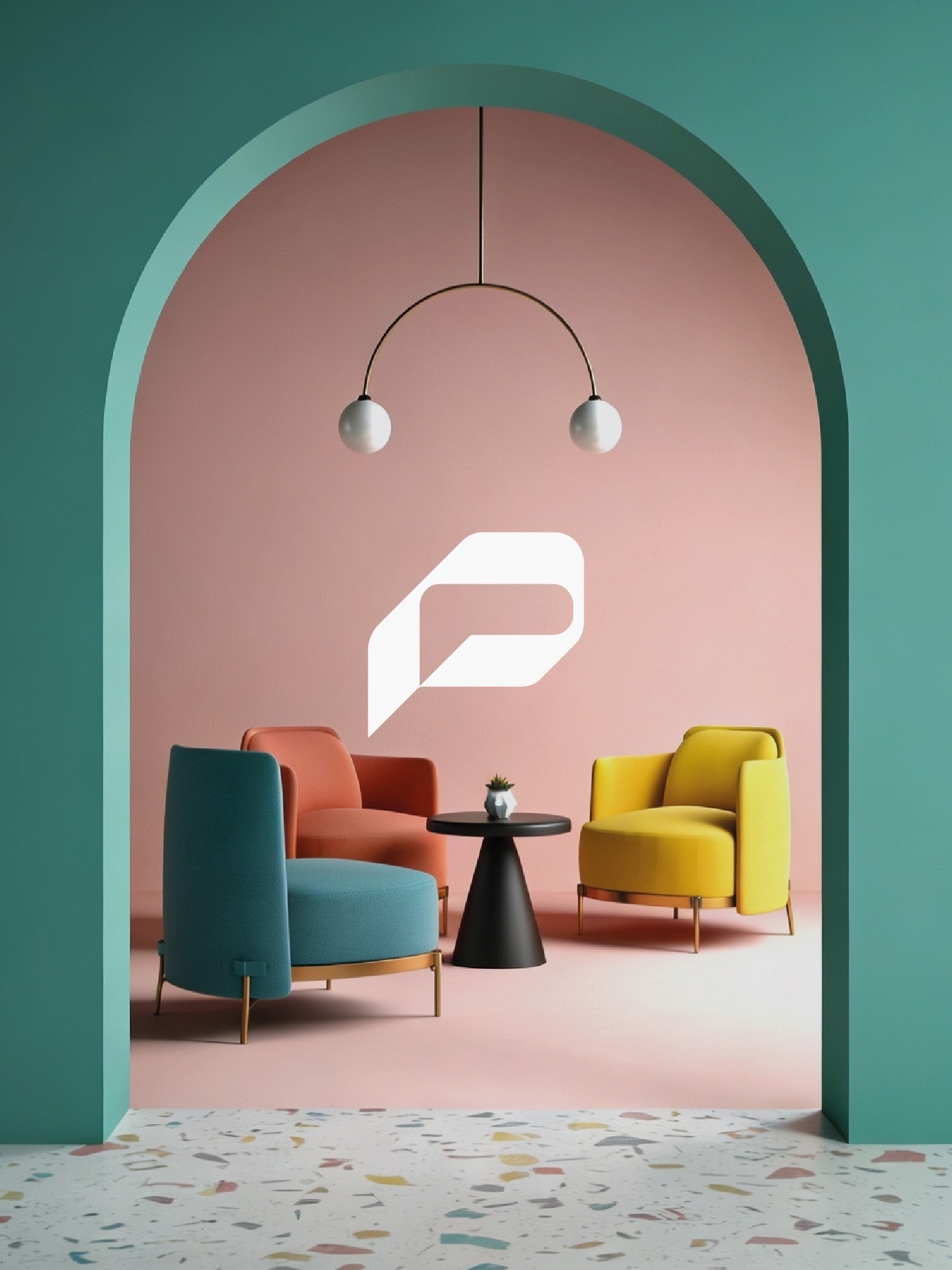 El símbolo de Polina is Building sobre un interior con arco verde y butacas de colores