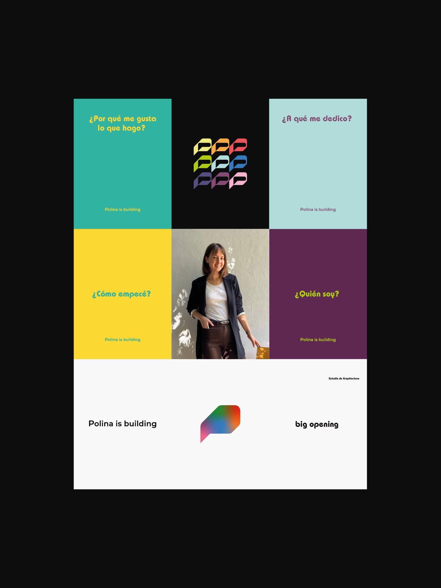 Feed de Instagram de Polina is Building: stories de colores con preguntas, el símbolo y el retrato de Polina